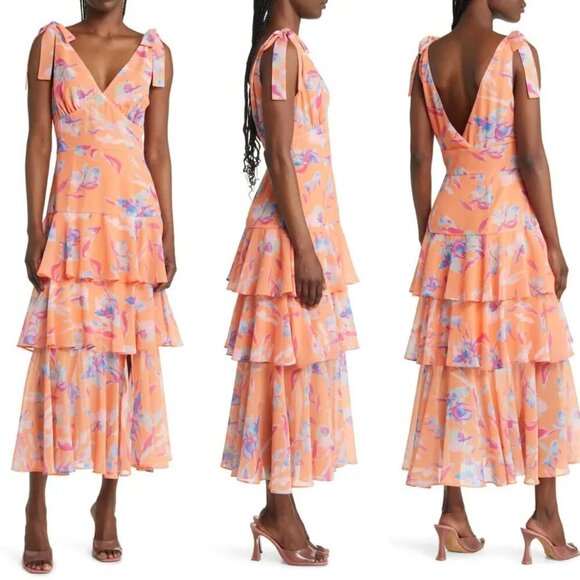 New! Wayf Alma Orange Floral Print Sleeveless Tiered Maxi Dress NWT 1705 - Picture 1 of 11